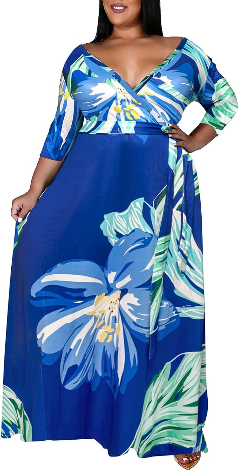 plus Size Dresses for Women Floral Maxi Dress Flowy 3/4 Sleeve with Belt