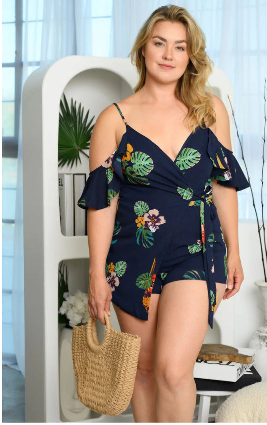 PLUS SIZE RUFFLE COLD SHOULDER FLORAL V-NECK ROMPER