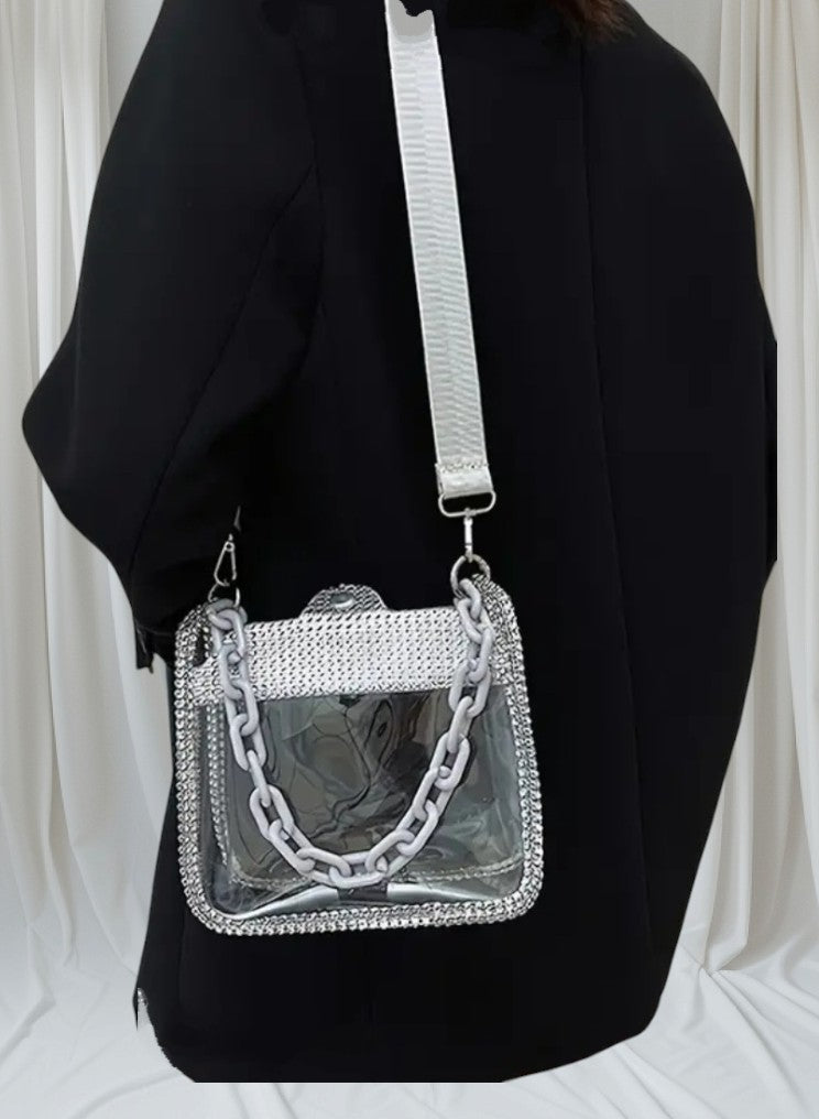 Clear Bling Square Shoulder Bag - Buckle closure