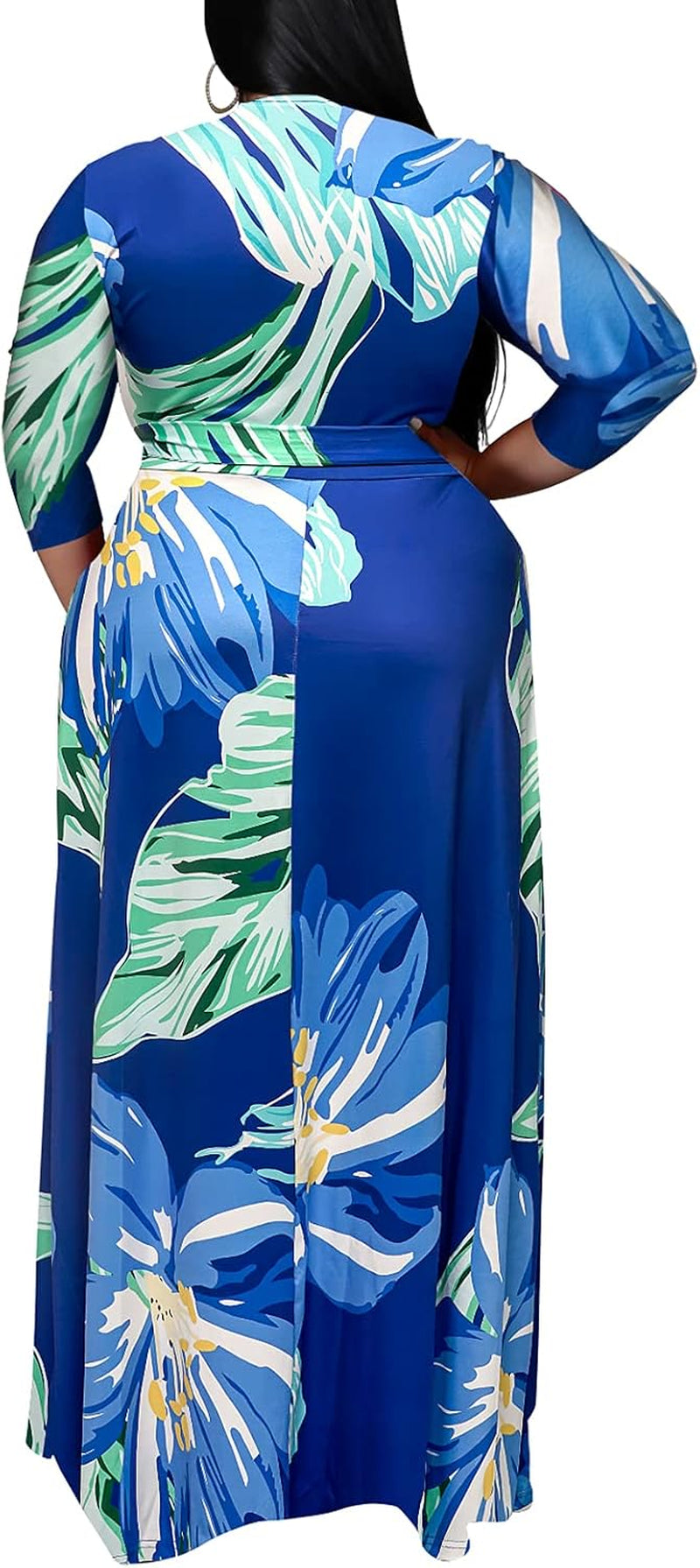 plus Size Dresses for Women Floral Maxi Dress Flowy 3/4 Sleeve with Belt