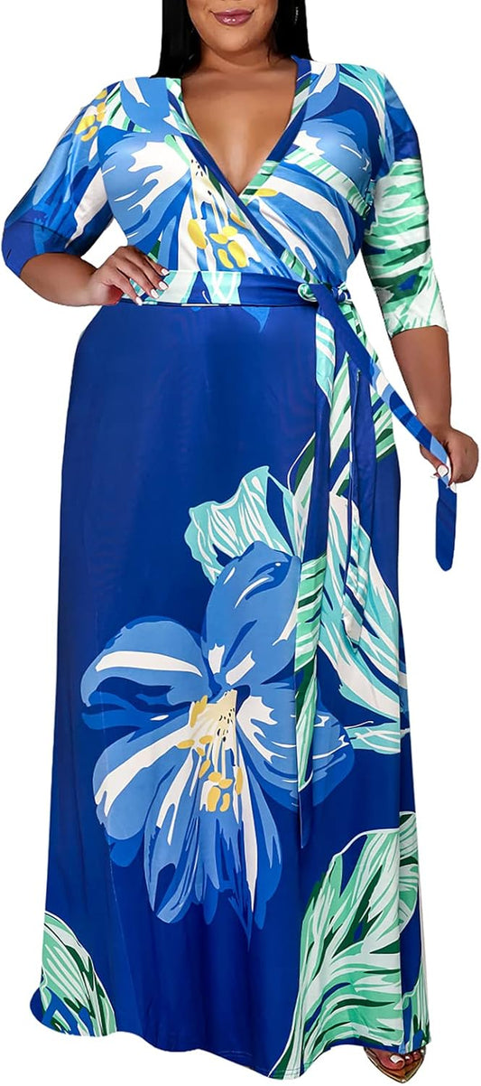 plus Size Dresses for Women Floral Maxi Dress Flowy 3/4 Sleeve with Belt